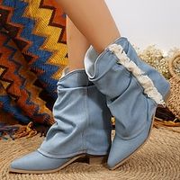Western lichtblauwe denim dames cowboylaarzen met kwastjes en blokhak Lightinthebox