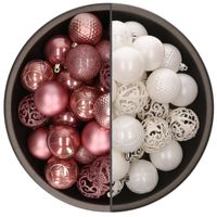 74x stuks kunststof kerstballen mix van wit en oudroze 6 cm - Kerstbal - thumbnail