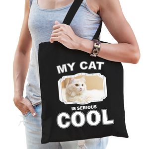 Katoenen tasje my cat is serious cool zwart - Witte katten / katten cadeau tas