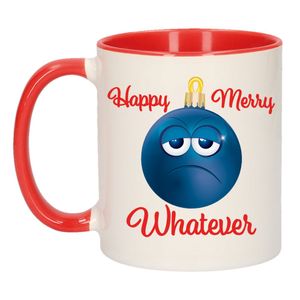 Happy Merry whatever kerstcadeau kerstmok rood smiley kerstbal 300 ml