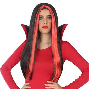 Atosa Heksenpruik lang haar - zwart/rood - dames - Halloween