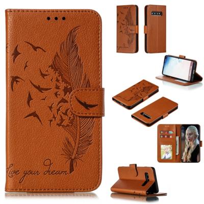 Feather patroon Litchi textuur horizontale Flip lederen draagtas met portemonnee & houder & kaartsleuven voor Galaxy S10 (bruin)