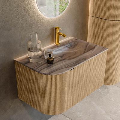 Badmeubel Mondiaz Kurve-Dlux | 75 cm | Meubelkleur Oak | Wastafelkleur Sombra | Solid surface | Wasbak rechter zijde spoelbak | 1 kraangat