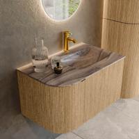 Badmeubel Mondiaz Kurve-Dlux | 75 cm | Meubelkleur Oak | Wastafelkleur Sombra | Solid surface | Wasbak rechter zijde spoelbak | 1 kraangat