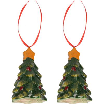 Kersthanger kerstboom - 4x - rood - 8 cm - keramiek - kerstornament - kerstboomversiering
