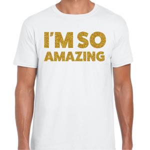 Foute party t-shirt voor heren - I am zo amazing - wit - glitter goud - carnaval/themafeest