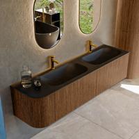 Mondiaz KURVE 175 cm Onderkast Greeploos 2 Lades Met Deuren Walnut, Wastafel Solid Surface Rechts Urban 2 Kraangaten Zonder Spiegel (KRVBGS175L2L1D2KD-Wal/Urb)