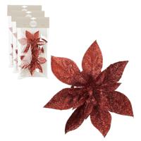 Kerstboom bloemen op clip - 6x stuks - rood - 15 cm - polystyreen - kerstornamenten - thumbnail