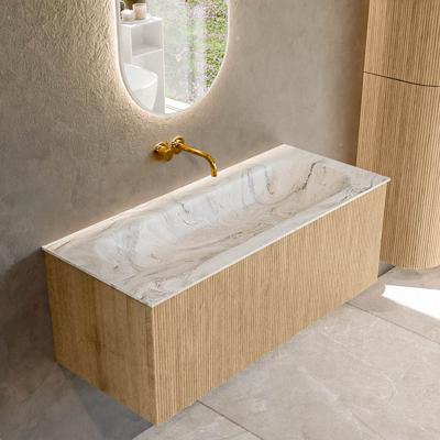 Badmeubel Mondiaz Kurve-Dlux | 110 cm | Meubelkleur Oak | Wastafelkleur Glace | Solid surface | Midden spoelbak | Zonder kraangat(en)