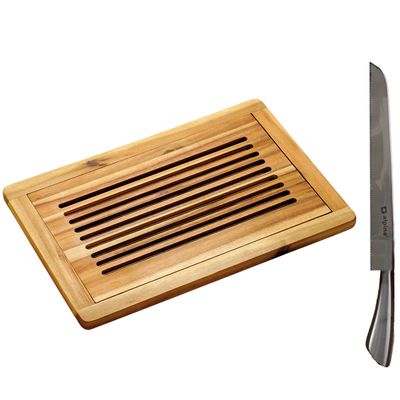 Acacia houten broodsnijplank - 32 x 48 cm - met opvangbak en broodmes