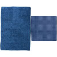 MSV Douche anti-slip mat en droogloop mat - Napoli badkamer set - rubber/polyester - donkerblauw - Badmatjes