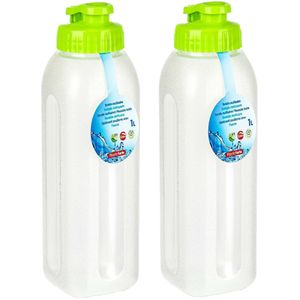 Drinkfles/waterfles/bidon - 2x - 1000 ml - transparant/groen- kunststof