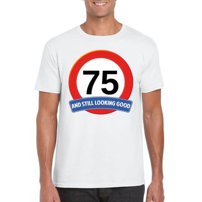 Verkeersbord 75 jaar t-shirt wit heren Verkeersbord 75 jaar t-shirt wit heren