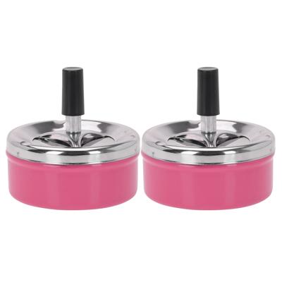 Excellent Houseware Draai asbak - Set van 2x stuks - druk asbak - rond metaal - 10 cm - roze