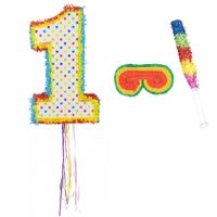 Verjaardag Pinata nummer 1 van 104 x 40 cm - set met stok en masker - thumbnail