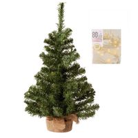 Volle kerstboom in jute zak 60 cm inclusief warm witte kerstverlichting - Kunstkerstboom - thumbnail