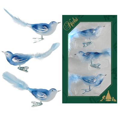 Krebs Decoratie vogels - 3x - op clip - blauw - 11 cm - glass
