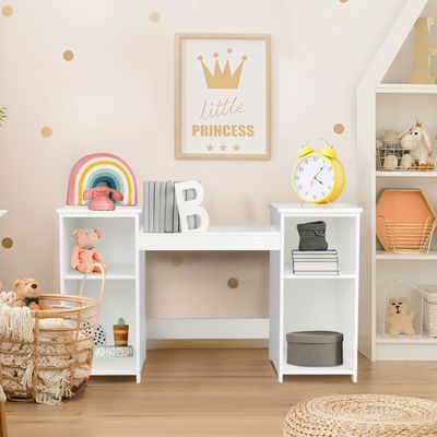 Kinder Kaptafel 2 in 1 Afneembaar Ontwerp met Kaptafel en Schrijftafel met 4 Grote Opbergplanken en 3-Paneel spiegel voor Kinderen Wit