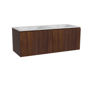 Storke Ribs zwevend badmeubel 130 x 52 cm notenhout met Mata dubbele wastafel in solid surface mat wit, Verticale symmetrische rechte ribbel