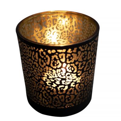 Mars & More Waxinelichthouder - zwart - glas - jaguar print - 12 cm