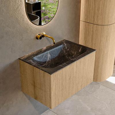 Mondiaz KURVE-DLUX 70 cm Onderkast Greeploos 1 Lade Zonder Deuren Oak, Wastafel Solid Surface Volledig Lava 0 Kraangaten Zonder Spiegel (KRVBGS701L0D0KM-Oak/Lav)