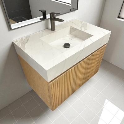 Badmeubel Casajoy Bold Onderkast 80 cm Met Strepen Eiken Met Sintered Stone Wastafel Wit