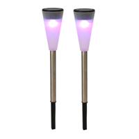 Tuinverlichting prikspot - 2x - LED - gekleurd - RVS - 36 cm - solarlamp