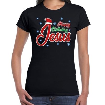 Fout kerstshirt zwart Happy birthday Jesus voor dames Fout kerstshirt zwart Happy birthday Jesus voor dames