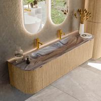 Badmeubel Mondiaz Kurve-Dlux | 170 cm | Meubelkleur Oak | Wastafelkleur Sombra | Solid surface | Wasbak midden spoelbak | 2 kraangaten
