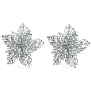 2x Kerstboomversiering op clip zilveren glitter bloem 23 cm