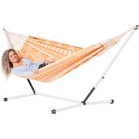 Tweepersoons hangmat met metalen standaard - 350x160cm - OranjeRoze - 160kg draagkracht- 100% katoen - binnen & buiten Tweepersoons hangmat met metalen standaard - 350x160cm - OranjeRoze - 160kg draagkracht- 100% katoen - binnen & buiten