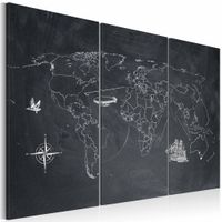 Schilderij - Wereldkaart - Reis rond de Wereld, Krijtbord Look, Zwart-Wit, 3luik ,premium print op canvas - thumbnail