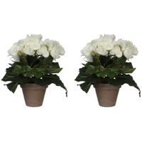 2x stuks witte Begonia kunstplant 25 cm in grijze pot - Kunstplanten - thumbnail