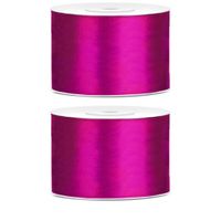 2x Hobby/decoratie donker fuchsia roze satijnen sierlinten 5 cm/50 mm x 25 meter - thumbnail