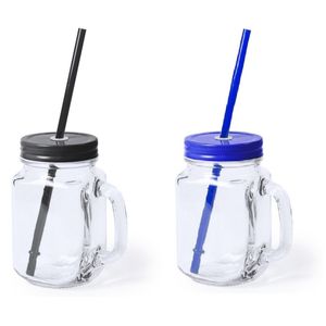 Set van 4x glazen drinkbekers dop/rietje 500 ml zwart/blauw