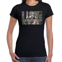 Tekst t-shirt I love wolves met dieren foto van een wolf zwart voor dames - thumbnail