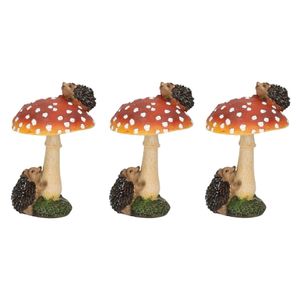 Set van 3x stuks decoratie huis/tuin beeldjes paddenstoel met egeltjes 11 cm