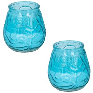 Set van 2x stuks citronella lowboy tafelkaarsen - 10 cm - blauw glas