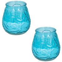 Set van 2x stuks citronella lowboy tafelkaarsen - 10 cm - blauw glas