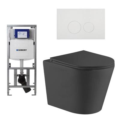 QeramiQ Dely Toiletset - 36.3x51.7cm - diepspoel - rimless - Geberit UP320 Burda inbouwreservoir - softclose toiletzitting - glans witte bedieningsplaat - ronde knoppen - zwart mat SW1026253/0701131/SW706186/SW1000768