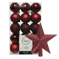 30x stuks kunststof kerstballen 6 cm inclusief ster piek donkerrood - Kerstbal