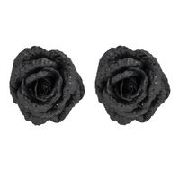 2x stuks decoratie bloemen roos zwart glitter op clip 15 cm - thumbnail