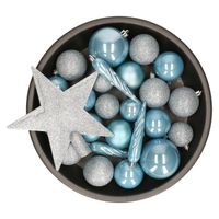 Set van 33x stuks kunststof kerstballen met ster piek lichtblauw mix - Kerstbal - thumbnail