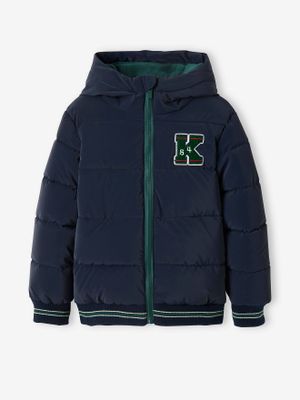 Jongens college jack met fleece voering en badge op de borst donkerblauw indigo
