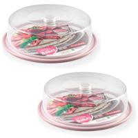 Ronde taart/gebak bewaardoos - 2x stuks - transparant met roze bodem - D32 x H9,5 cm