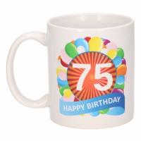 75 jaar Verjaardag koffiemok - cadeau beker - feestelijke ballonnen print - 300 ml - keramiek - wit