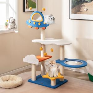 124 cm Krabpaal met Ruimtethema UFO-Zitstok Ruimtecapsule Sisal Krabpalen Wolken- en Sterrenplatforms Kattenkrabpaal Blauw