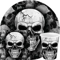 Halloween/horror doodshoofd feest servies set - borden/bekers/servetten - 36x - zwart - papier