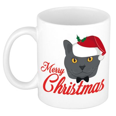 Merry Christmas kerstcadeau kerstmok met grijze kat 300 ml