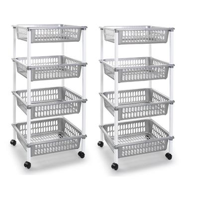 Plasticforte opberg trolley - roltafel - met 4 manden - zilver - set 2x stuks - 40 x 50 x 85 cm